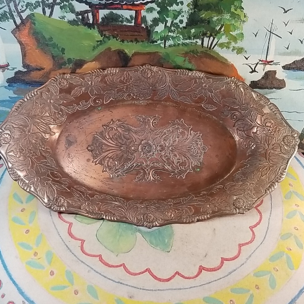 Vintage copper floral etched  tray made in Japan